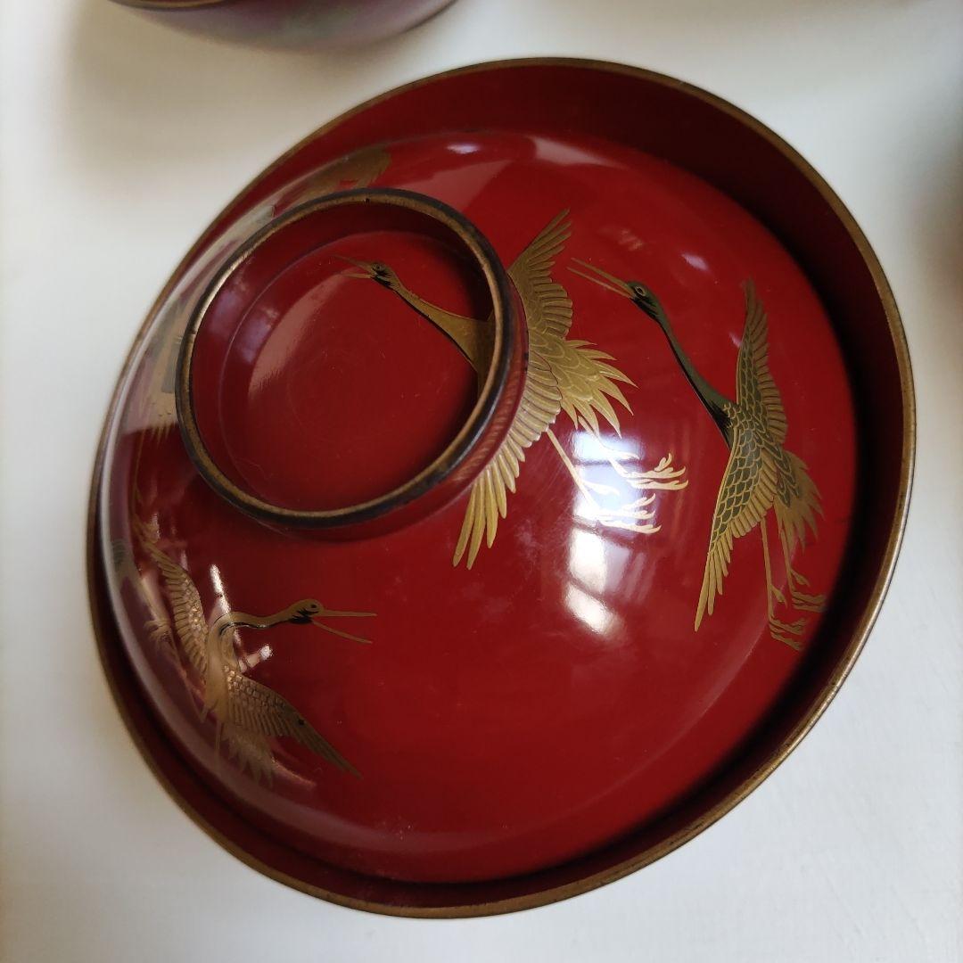 鶴金彩模様の赤漆器蓋付き椀 5個セット