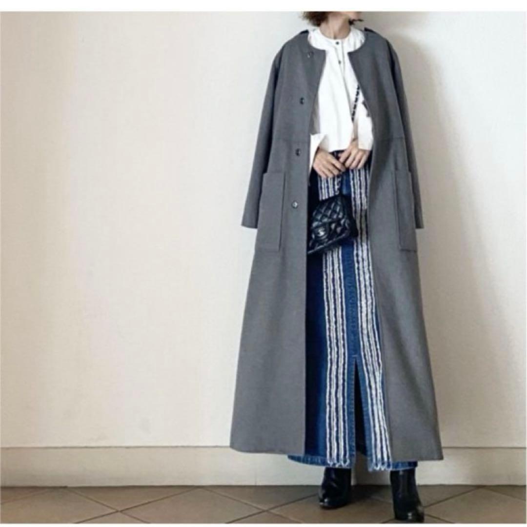 ❤️フォロー割❤️ノーカラーウールロングコート　グレー　M