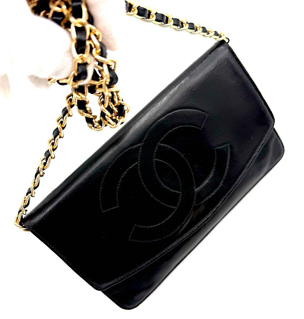 CHANEL 二つ折り ラムスキン デカココ 財布 ブラック　チェーン付