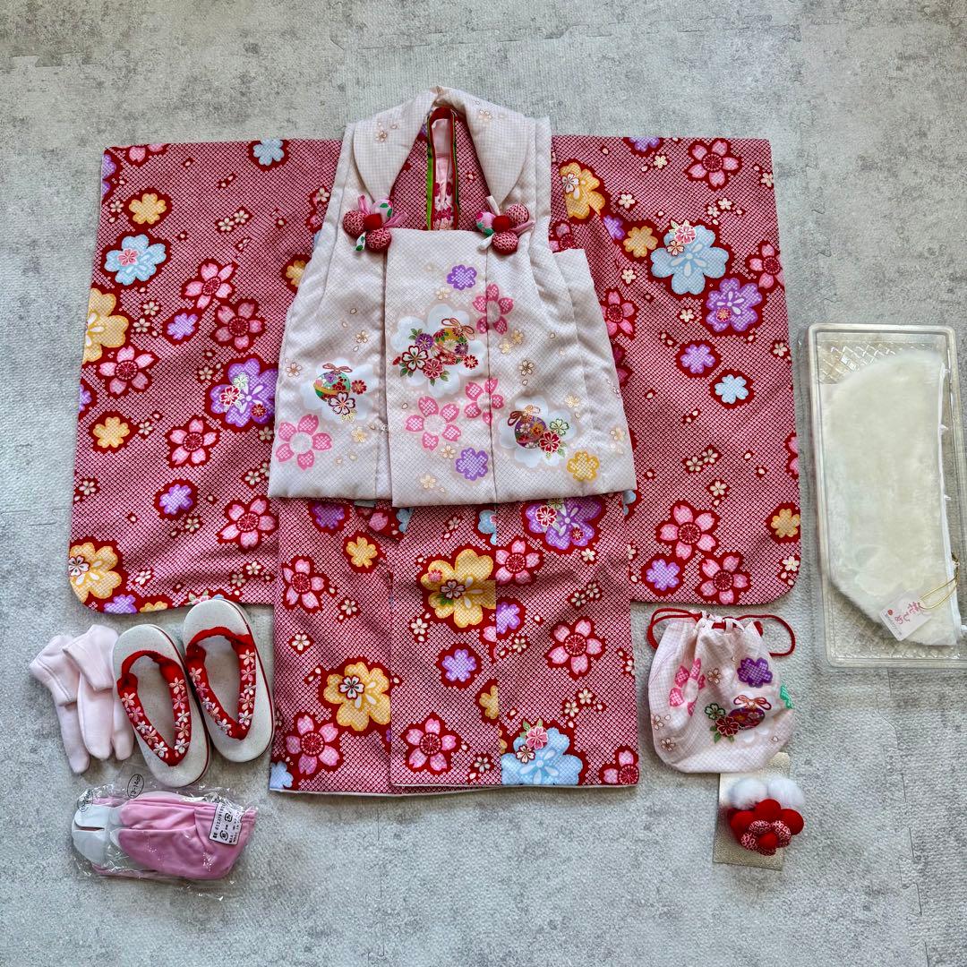 七五三 花ひめ　赤とピンク花柄　三歳　着物　箱付きです