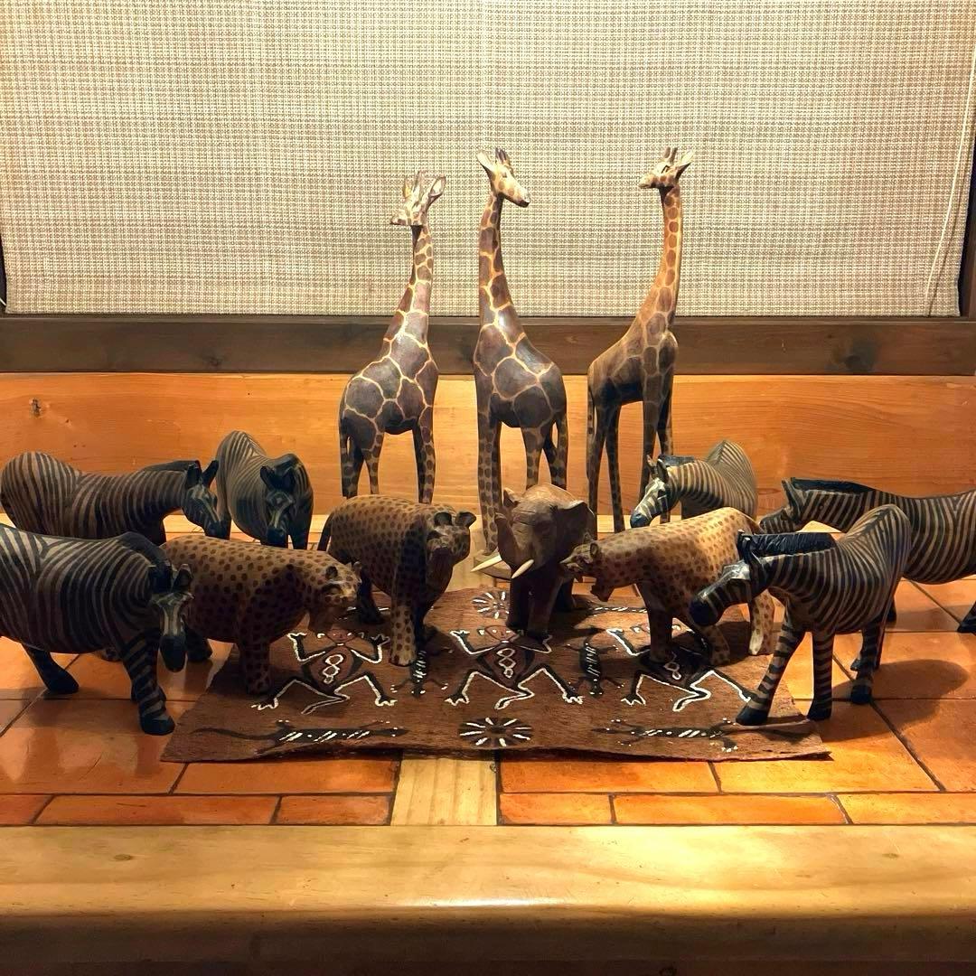 ✨レアビンテージ品✨　ハンドメイド 木製動物オブジェセット アフリカンスタイル