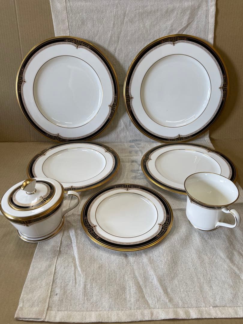 088 オールドノリタケ　瑠璃片葉金蝕　皿5 シュガーボウル1 カップ1 金彩