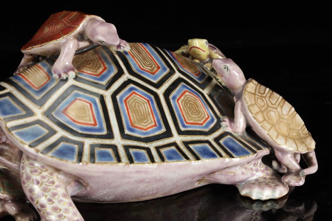 野々村仁清 在銘 色絵親子亀置物 共箱 京焼 細密造形 縁起物 古美術 骨董品