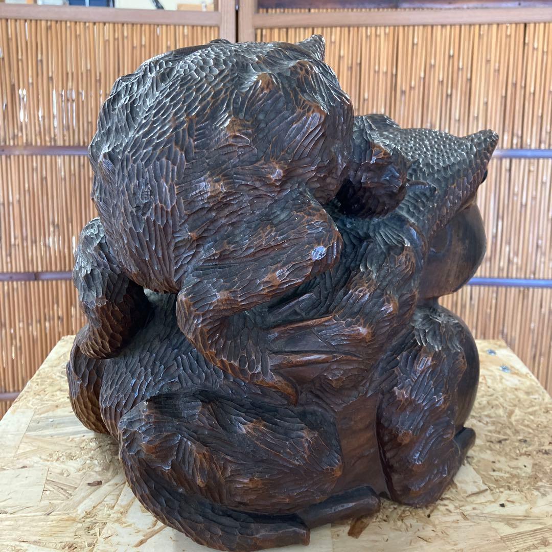 骨董　福かえる　木彫刻　親子かえる　昭和20年頃の作￼Ｎ34KE