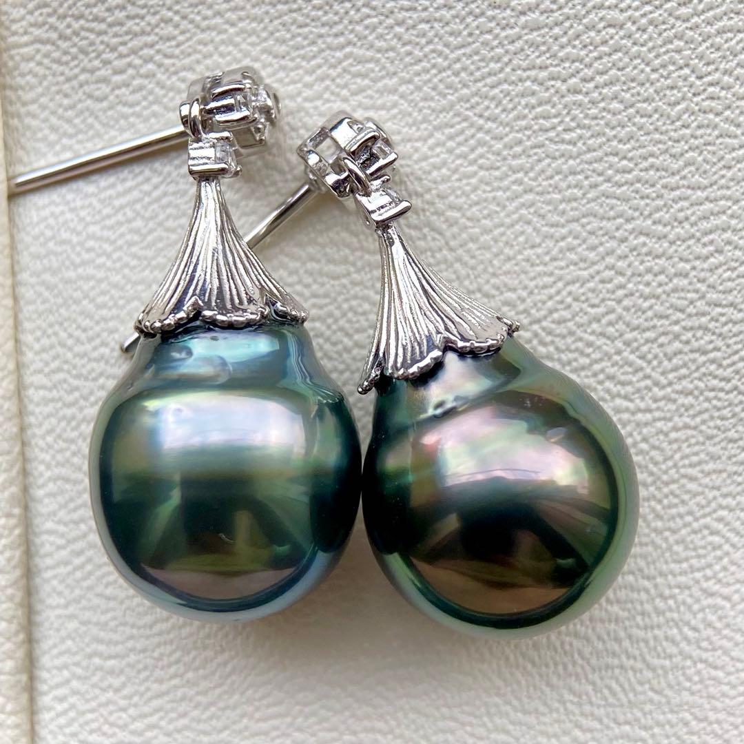 本真珠南洋黒蝶真珠グリーンブルー15×11.9㍉s925ピアスBL960