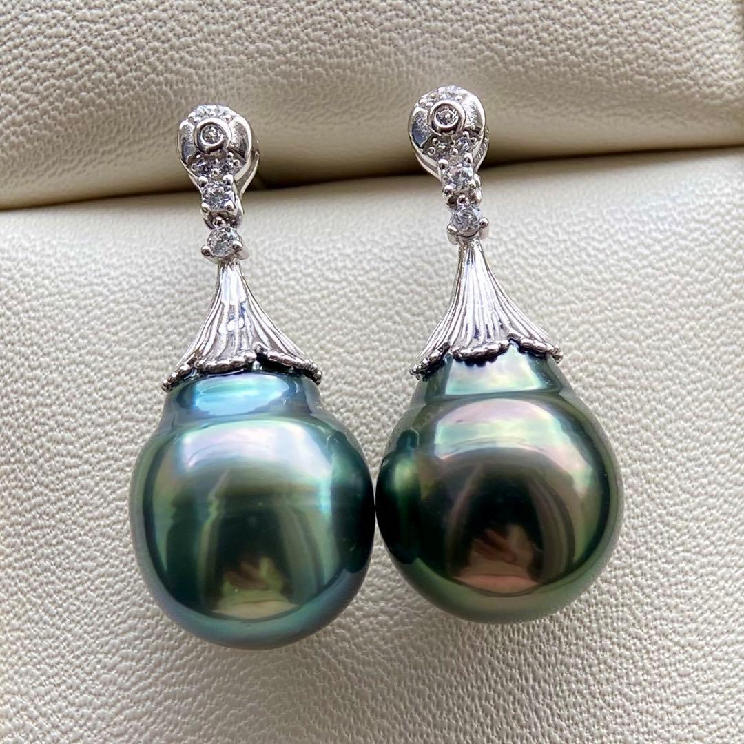 本真珠南洋黒蝶真珠グリーンブルー15×11.9㍉s925ピアスBL960