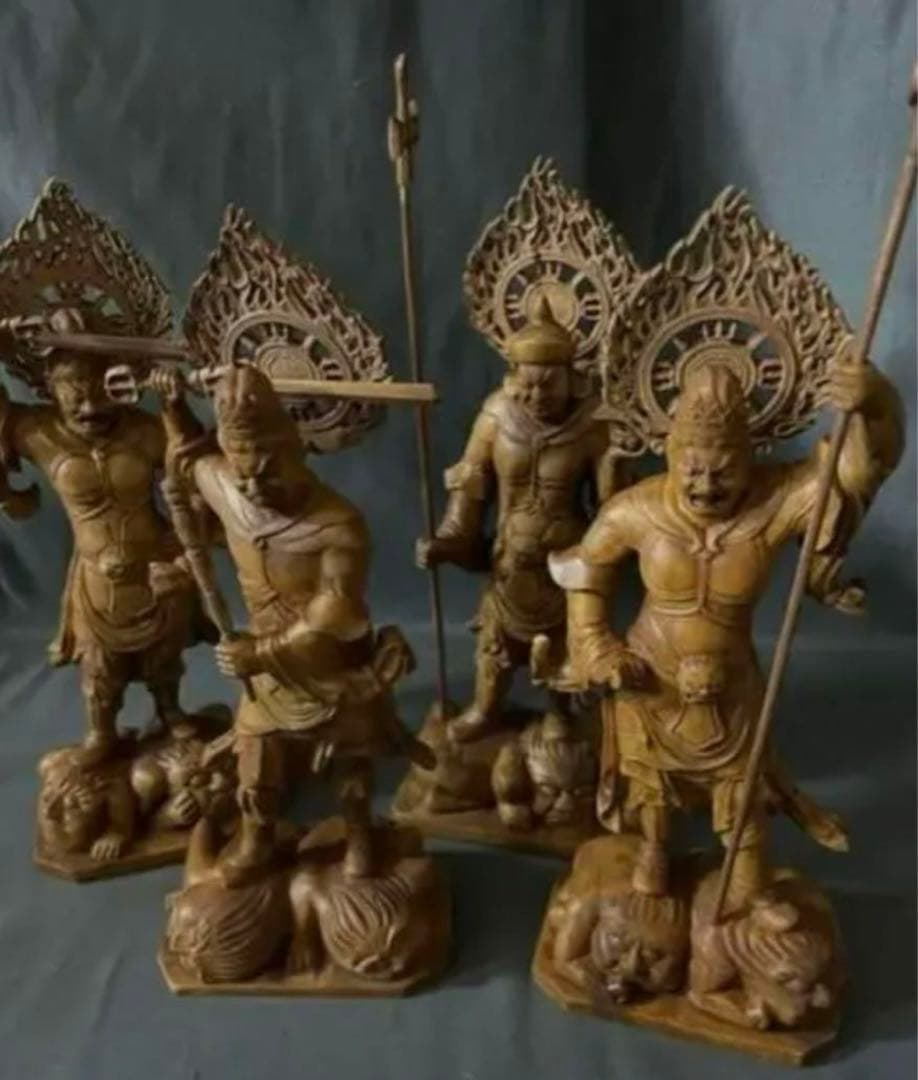 総柘植材　仏教工芸品　時代彫刻　一刀彫　極上彫　木彫仏像　四天王立像