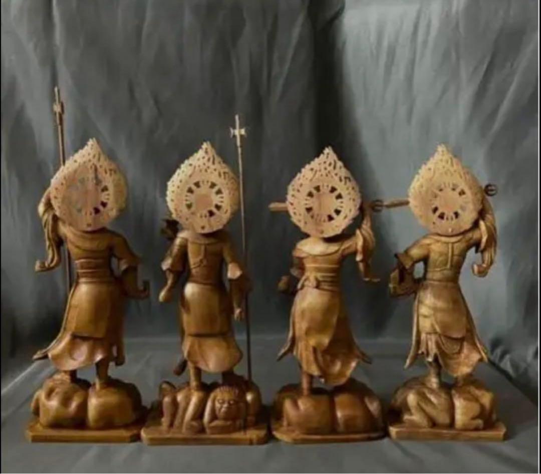 総柘植材　仏教工芸品　時代彫刻　一刀彫　極上彫　木彫仏像　四天王立像