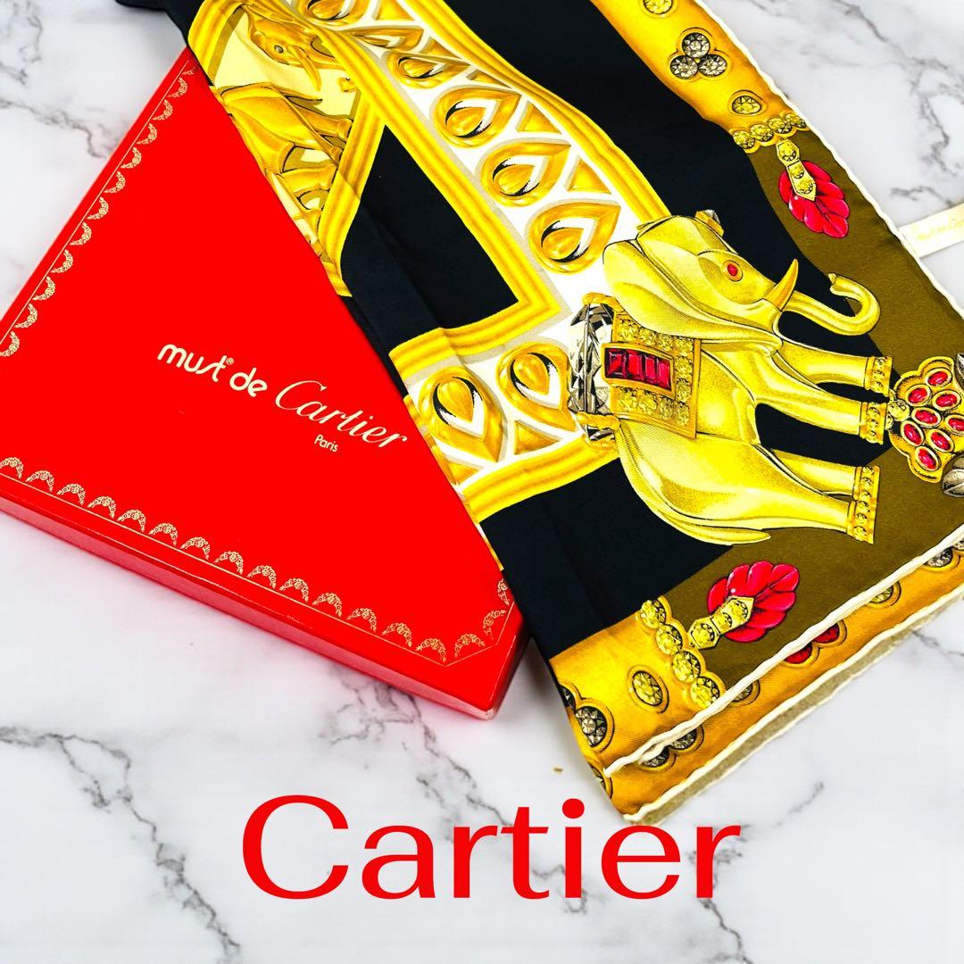 【美品】Cartier　カルティエ　エレファント　シルクスカーフ ゴールド 箱付