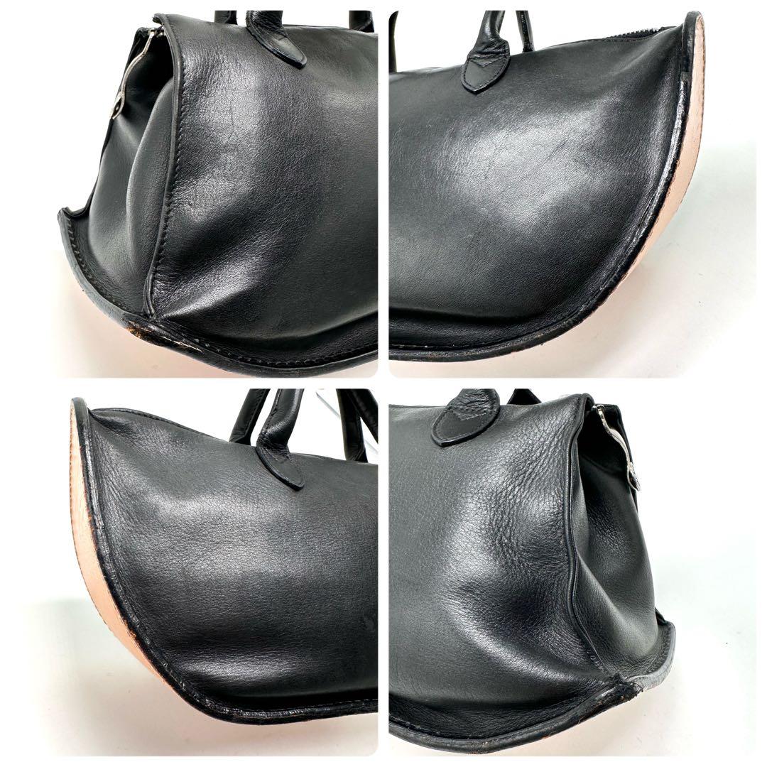 希少廃盤 マサキマツシマ 変形 ハンドバッグ ロゴ金具 カーフレザー 黒 ヌメ革