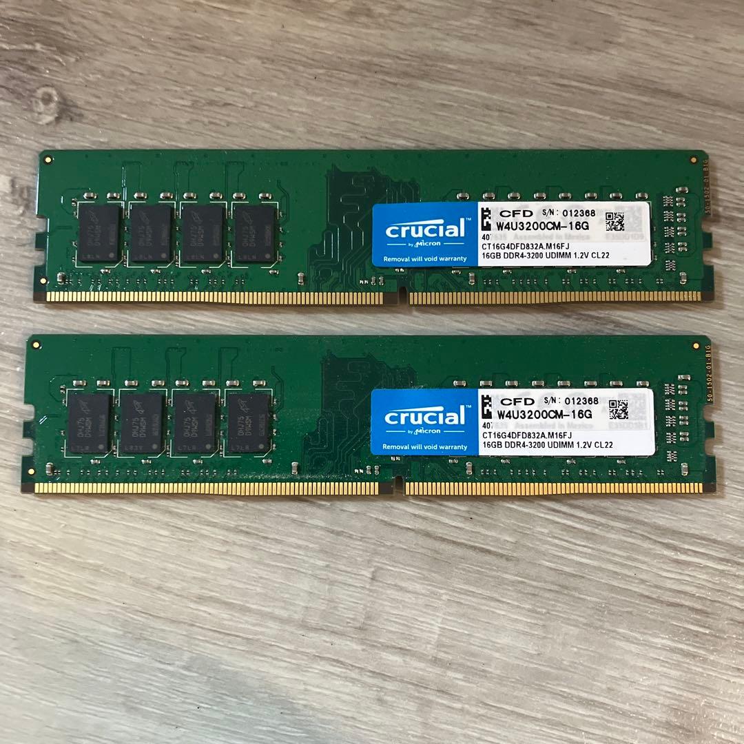 動作確認済み crucial製　DDR4 3200MHz 16GB×2 32GB