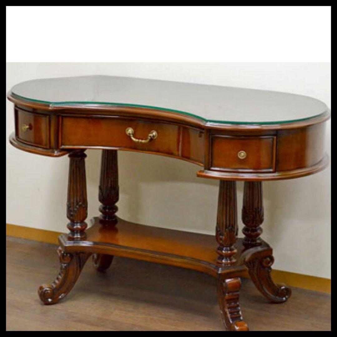 世界三大銘木　最高級マホガニー全面仕様　『ピーナッツデスク』　ガラス天板付き