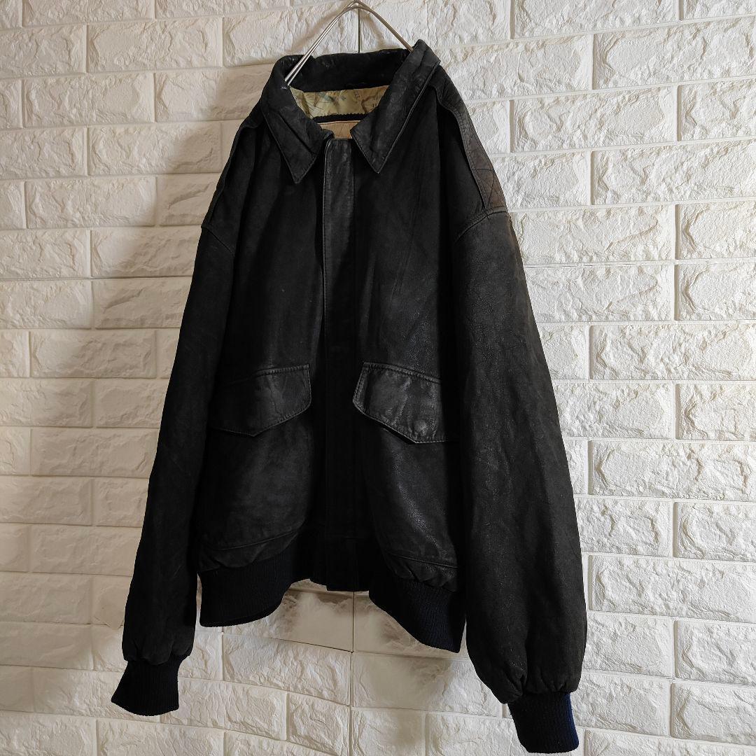 地図柄 裏地 A2 本革 フライトレザージャケット つや消し ブラック 2XL