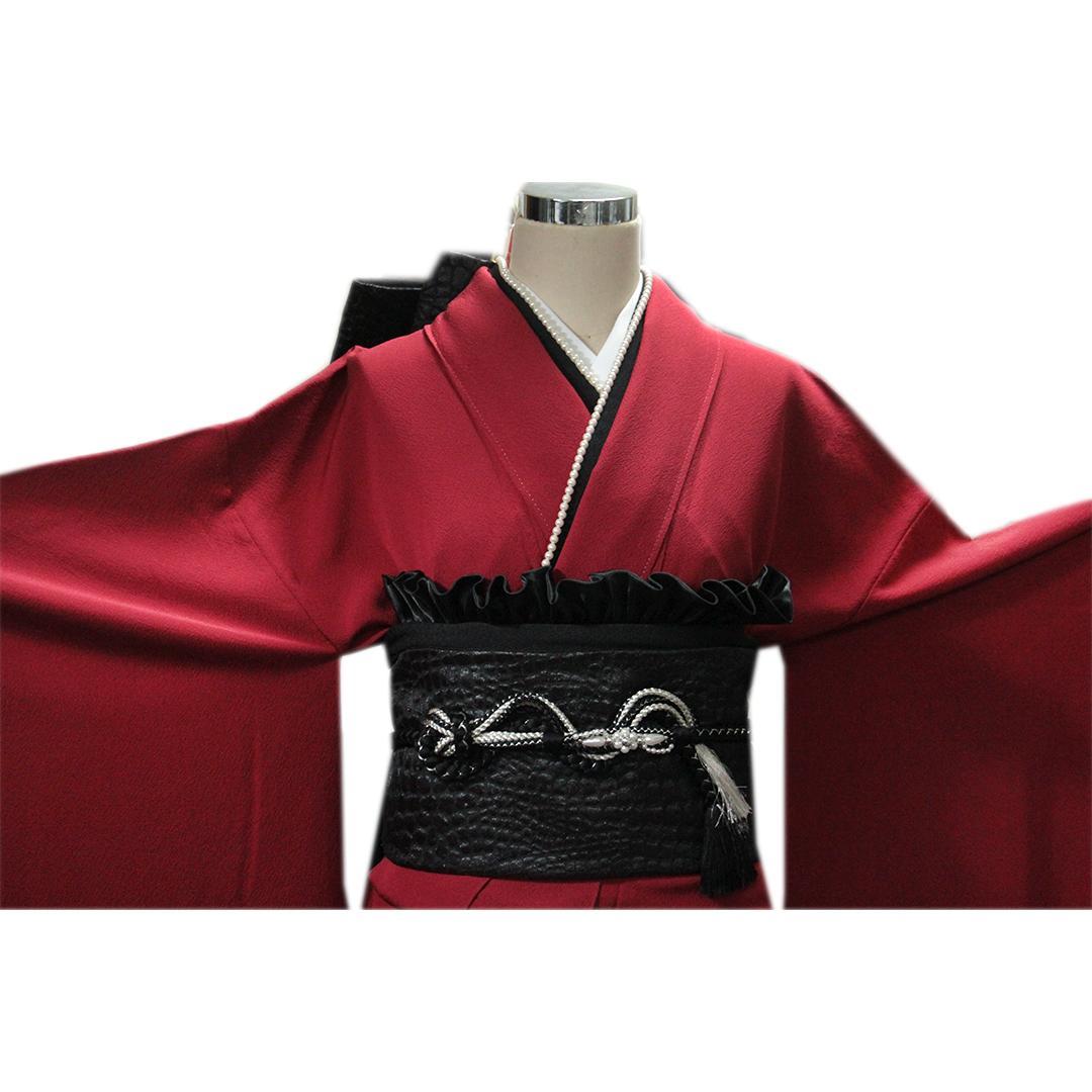 美品!作家物無地/赤成人式振袖7点セット無地帯新品小物帯揚げ帯締め重ね衿SK17