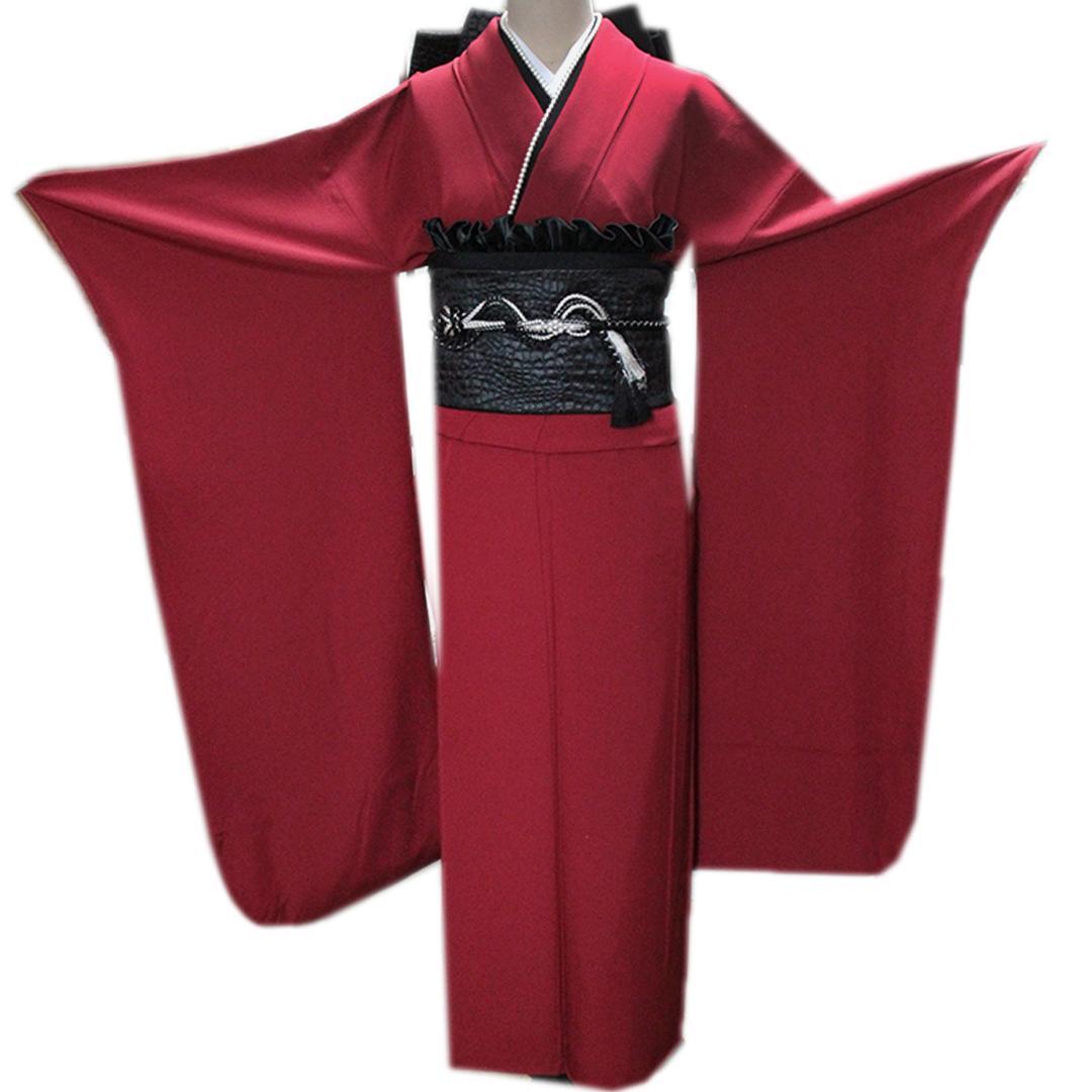 美品!作家物無地/赤成人式振袖7点セット無地帯新品小物帯揚げ帯締め重ね衿SK17