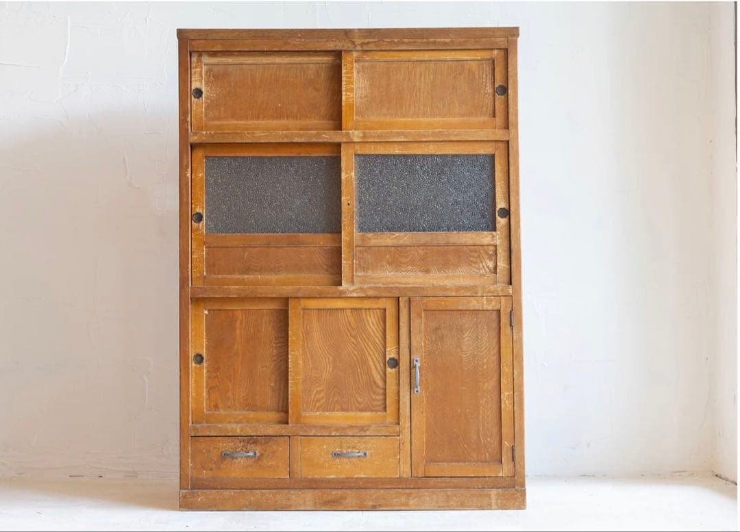 昭和レトロ 茶箪笥 ガラス戸 引き戸 食器棚 収納棚