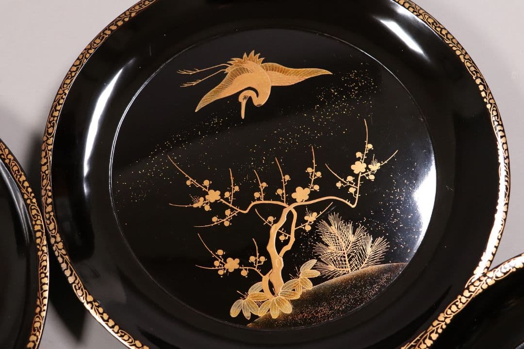 MA220 時代漆器 松竹梅鶴金蒔絵 縁唐草 黒塗 大徳寺盆 五客 菓子盆 木皿