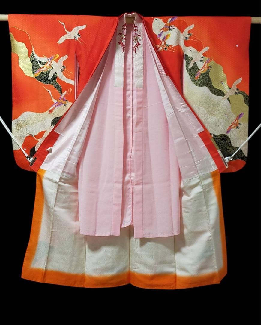 □七五三　正絹女児振り袖着物　襦袢半衿付　鶴