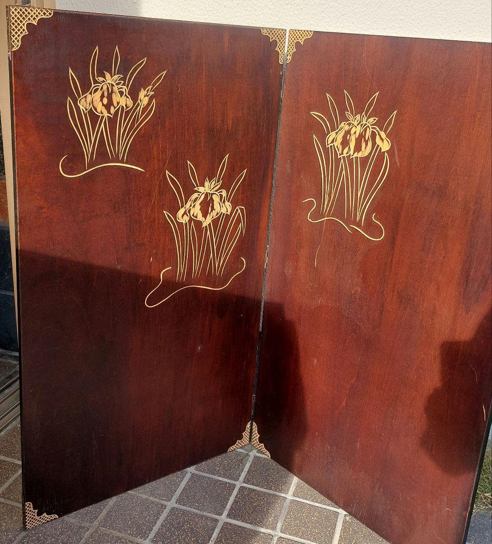 ★骨董品　アンティーク木製衣桁 花模様装飾　古民具 あやめ 折りたたみ式屏風3