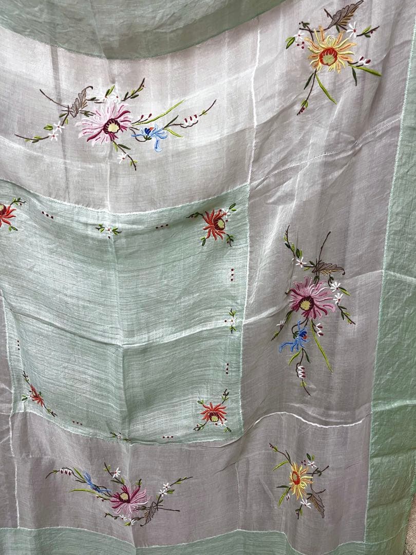 Vintage 花柄刺繍のテーブルクロス エメラルドグリーン レア