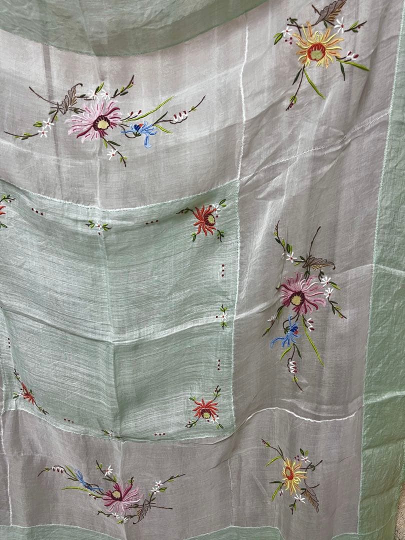 Vintage 花柄刺繍のテーブルクロス エメラルドグリーン レア