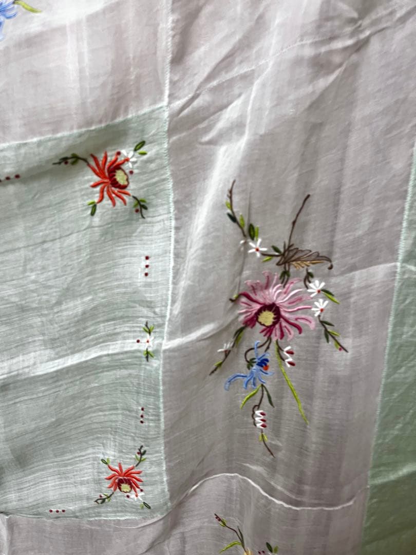 Vintage 花柄刺繍のテーブルクロス エメラルドグリーン レア