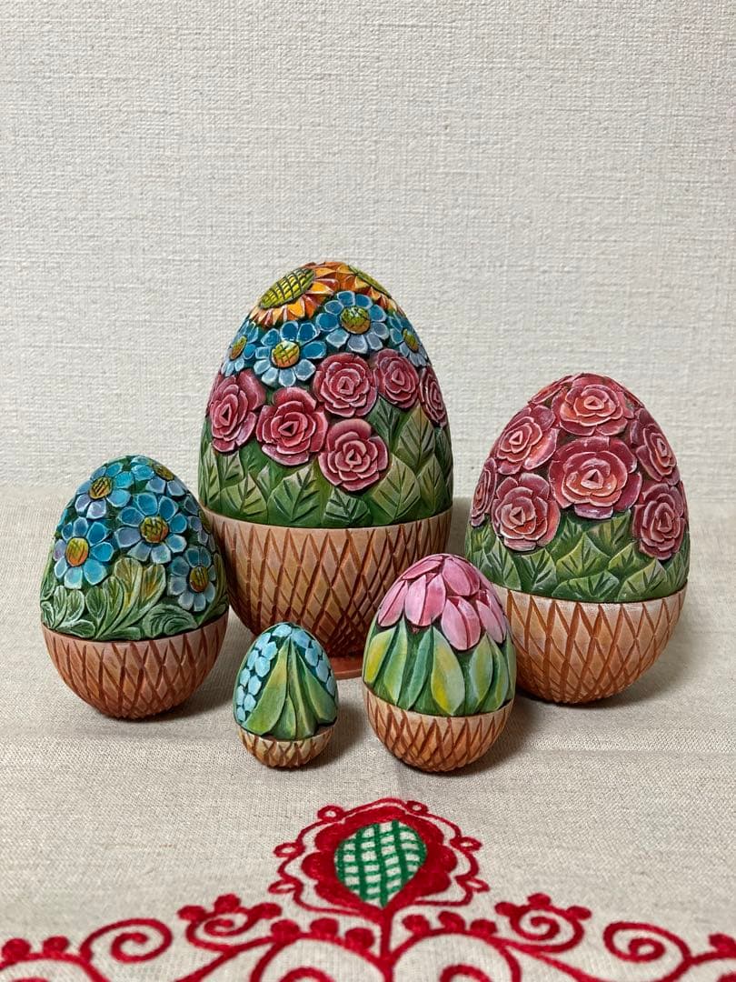 ロシア雑貨☆イースターエッグ型マトリョーシカ5Pフラワーバスケット カービング