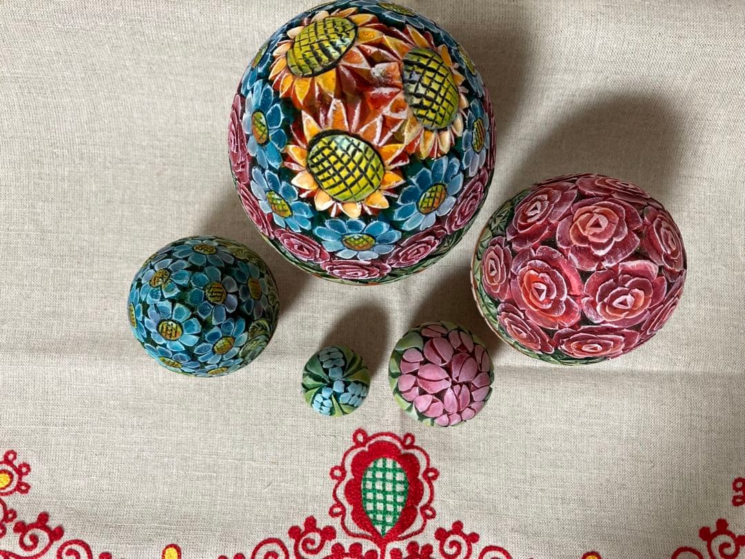 ロシア雑貨☆イースターエッグ型マトリョーシカ5Pフラワーバスケット カービング