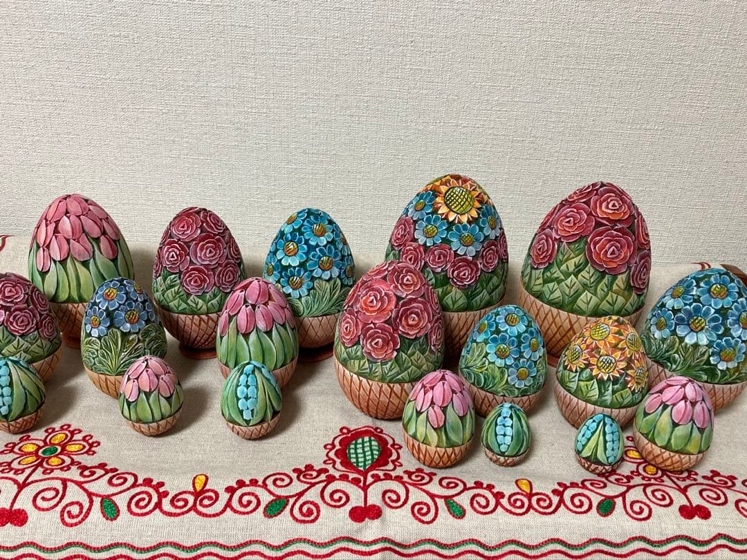 ロシア雑貨☆イースターエッグ型マトリョーシカ5Pフラワーバスケット カービング