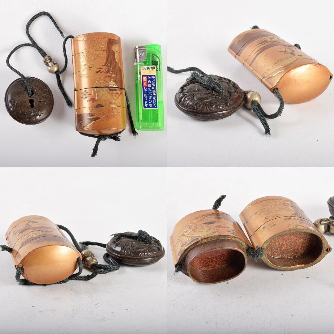 城時代提げ物　金蒔絵山水図　印籠　牛角製饅頭根付・瓢箪根付　U　R5051