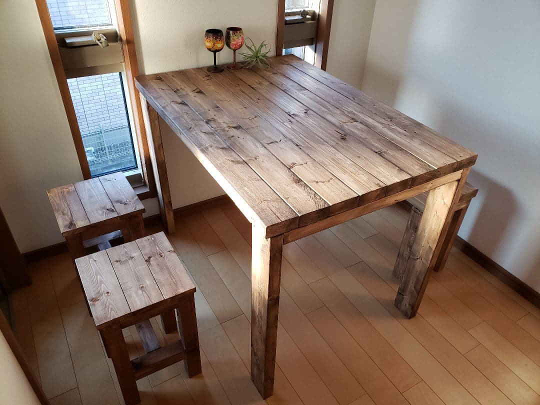 テーブル+ベンチ+スツール2脚セット