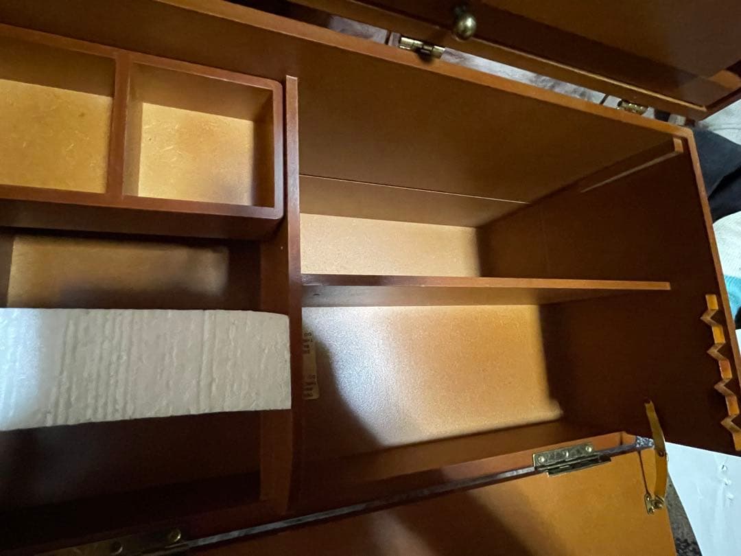 木製大型コスメティックボックス４段階可動式三面鏡付　手鏡付