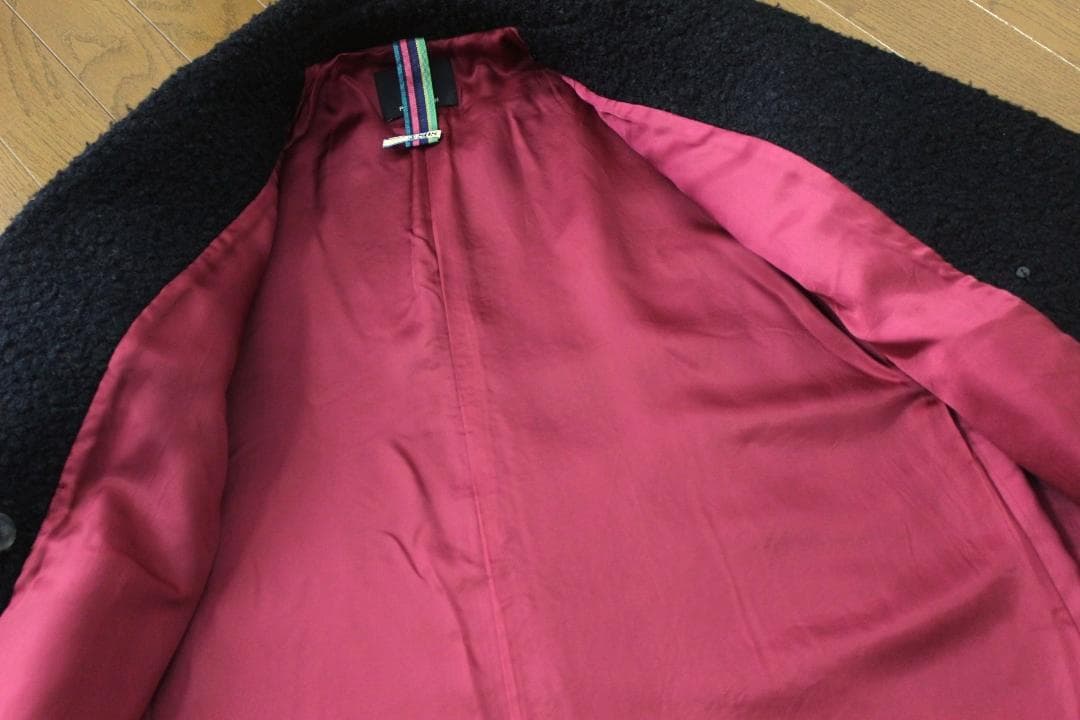 25【極美品】ポールスミス コート 38 M 黒 もこもこ素材 ワインレッド裏地