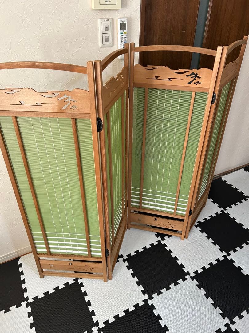 昭和レトロ 古家具 木製衝立 4連 パーテーション 間仕切り 仕切り屏風　透かし