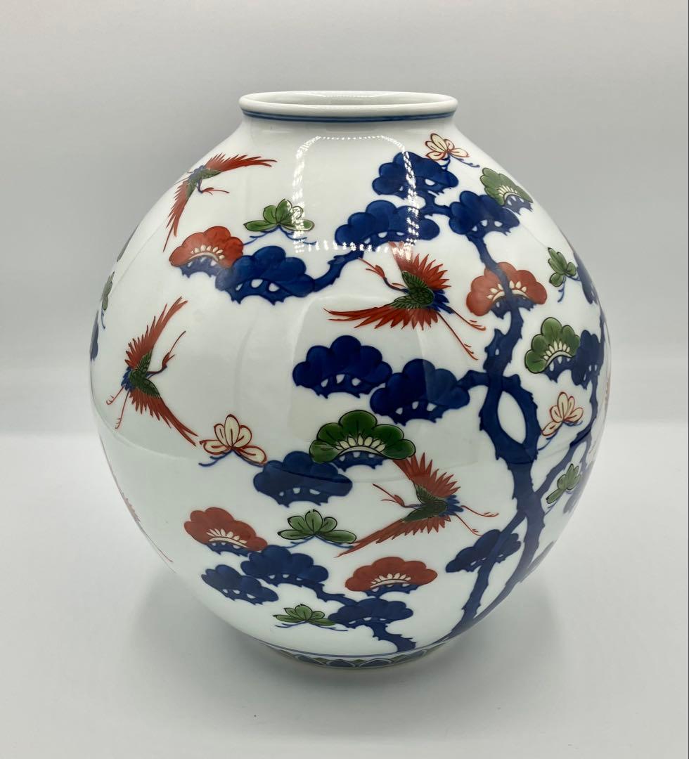 ◯ 有田焼 源右衛門窯 「染錦松鶴花瓶」