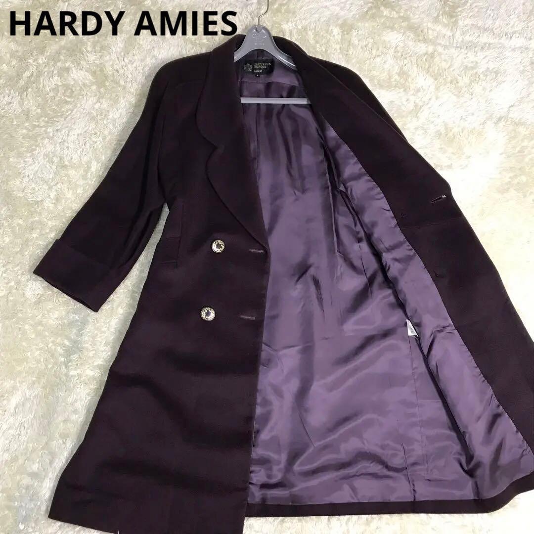 HARDY AMIES カシミヤ１００％レディース　ロングコート　パープル　金釦