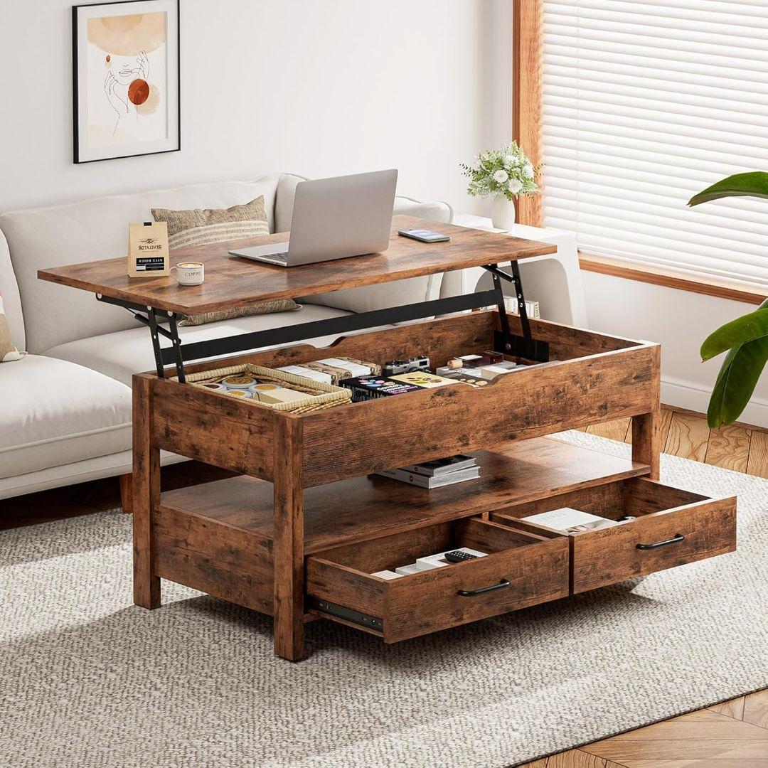 ローテーブル 昇降式 引き出し収納付き 高さ調整リフティングローテーブル簡単開閉