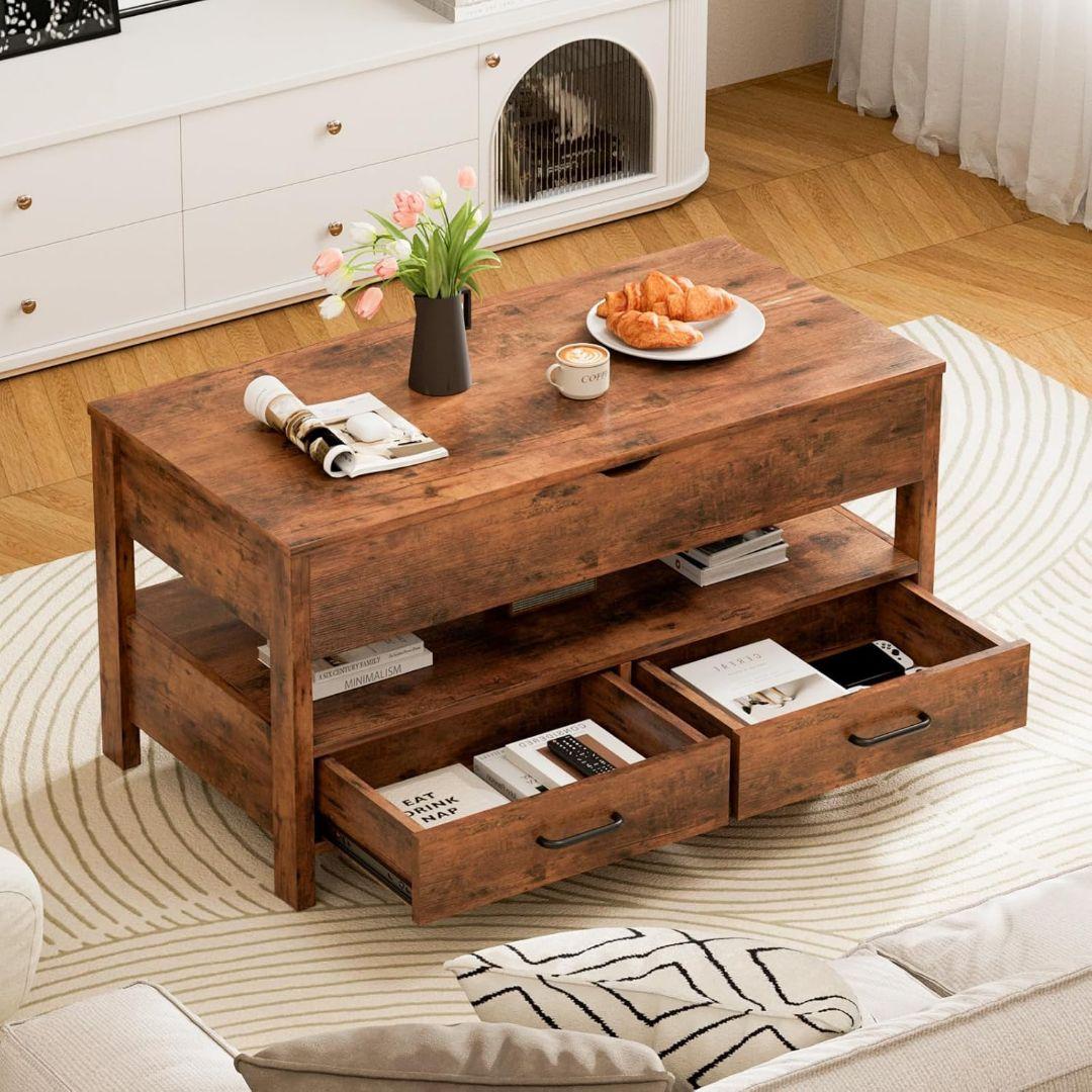 ローテーブル 昇降式 引き出し収納付き 高さ調整リフティングローテーブル簡単開閉