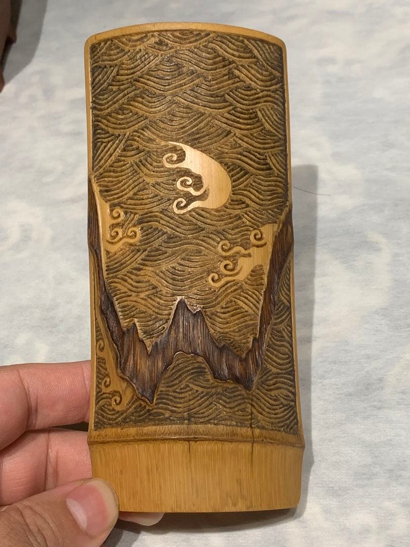 虫喰 竹彫刻 波 茶則 茶合　仙媒　茶道具　煎茶茶道　中国茶 竹工芸 波　水文