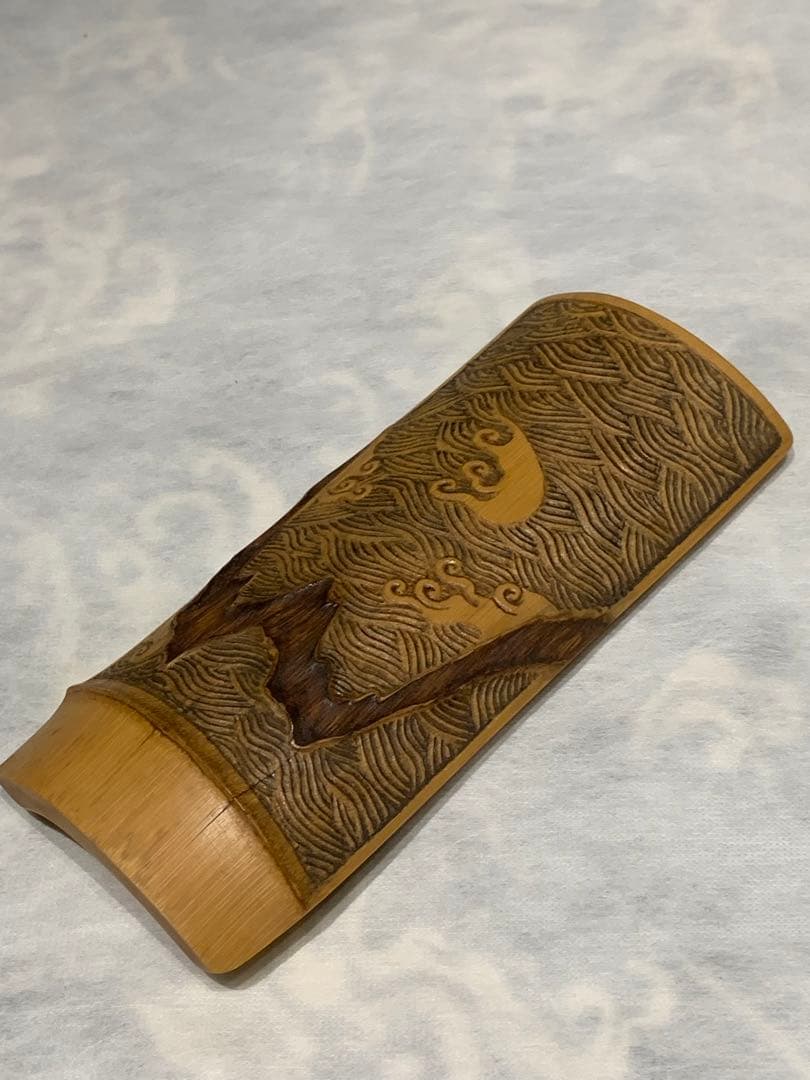 虫喰 竹彫刻 波 茶則 茶合　仙媒　茶道具　煎茶茶道　中国茶 竹工芸 波　水文
