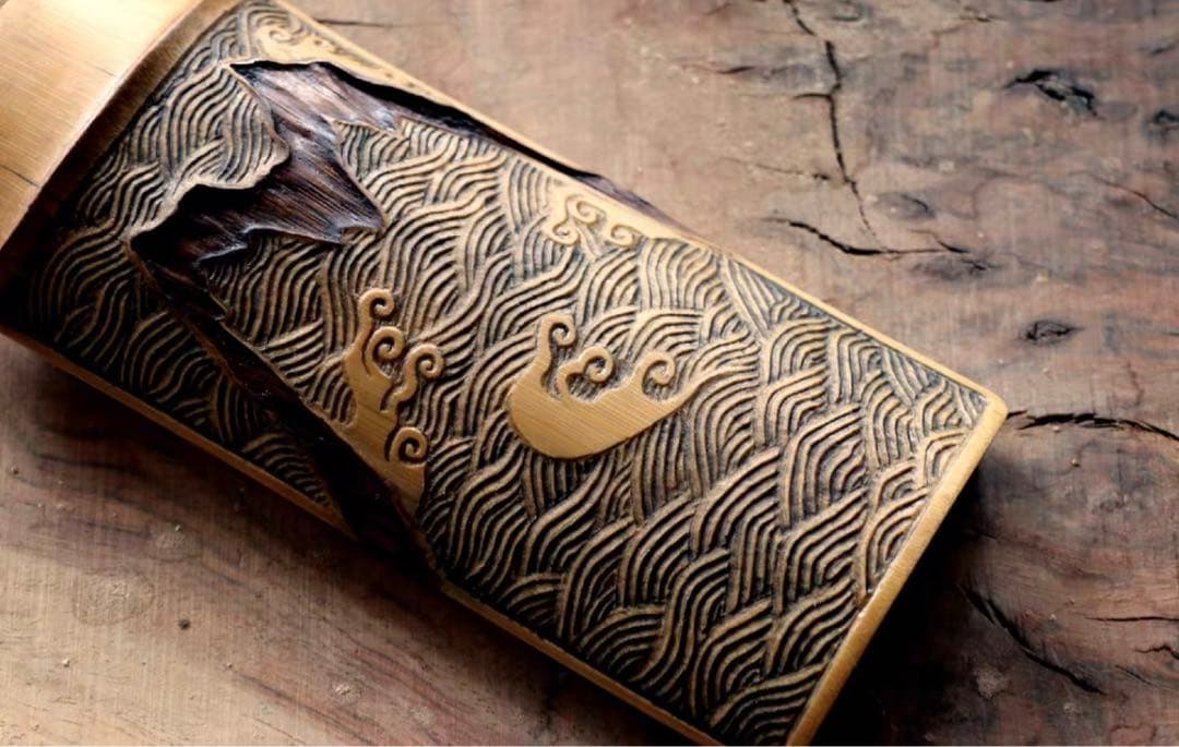 虫喰 竹彫刻 波 茶則 茶合　仙媒　茶道具　煎茶茶道　中国茶 竹工芸 波　水文