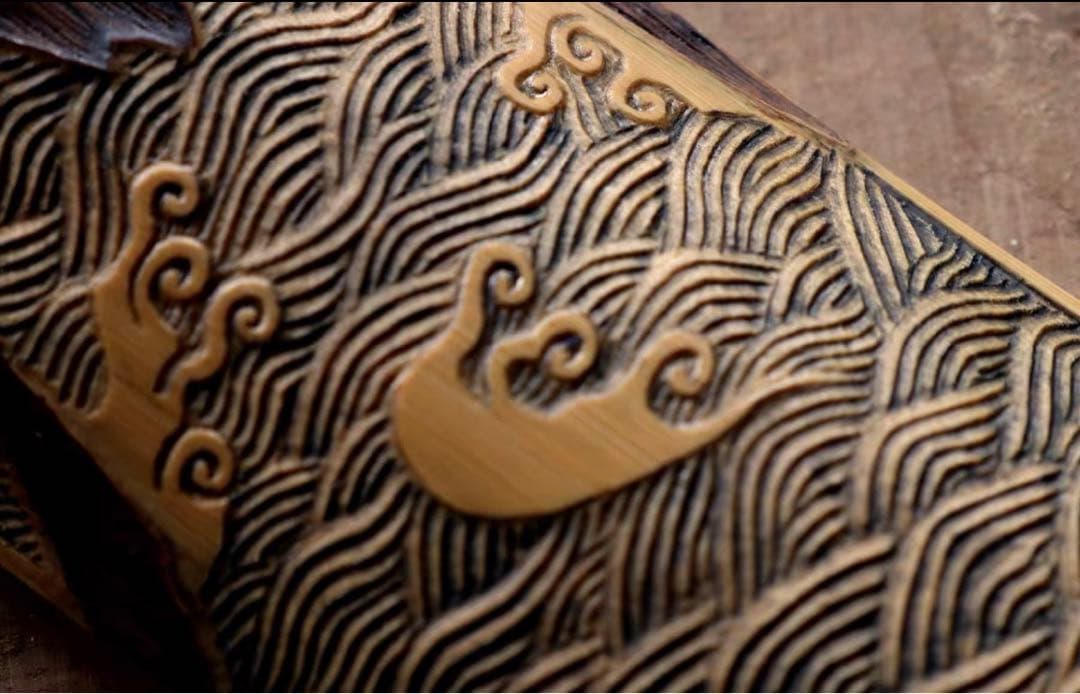 虫喰 竹彫刻 波 茶則 茶合　仙媒　茶道具　煎茶茶道　中国茶 竹工芸 波　水文