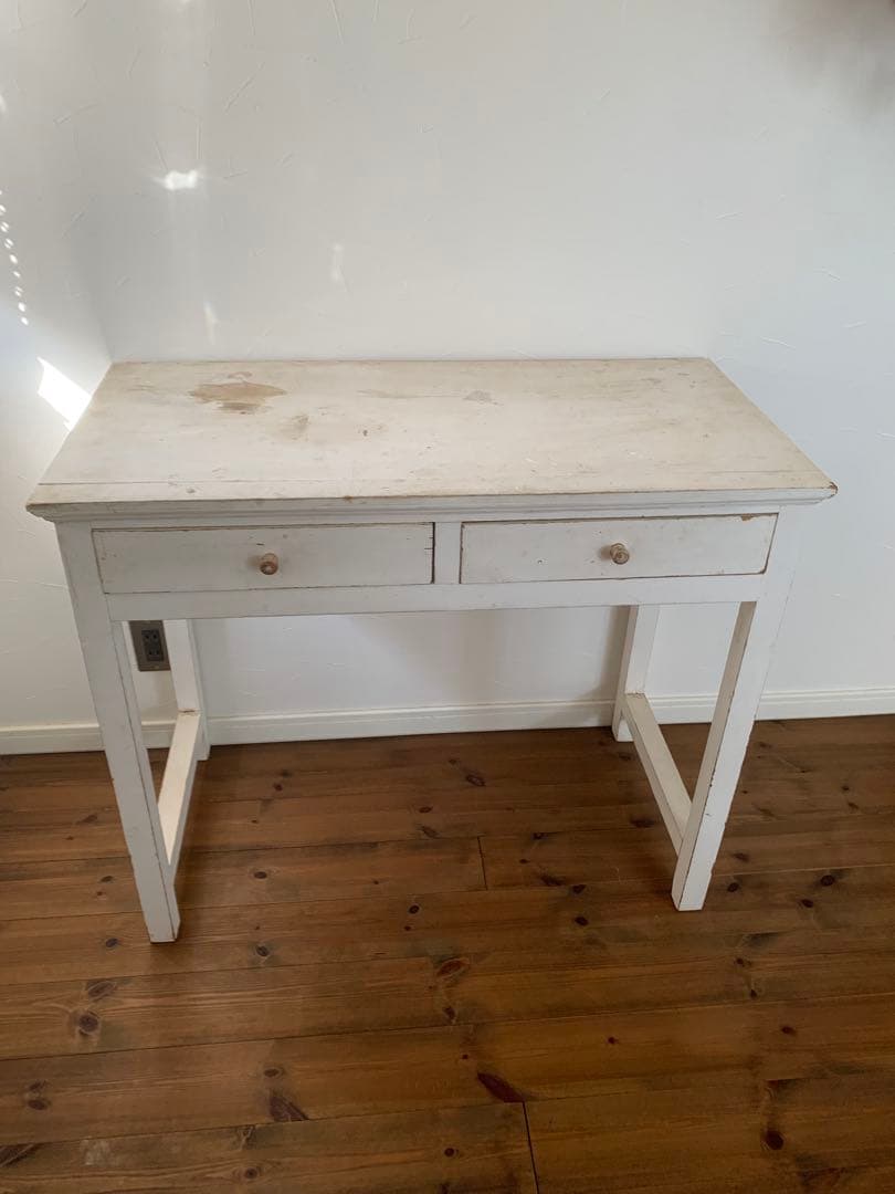 古道具　アンティーク　ホワイト木製テーブル 引き出し2つ付き