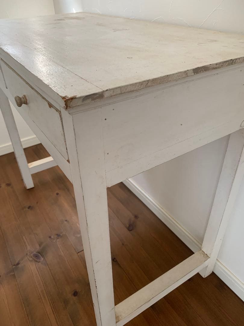古道具　アンティーク　ホワイト木製テーブル 引き出し2つ付き