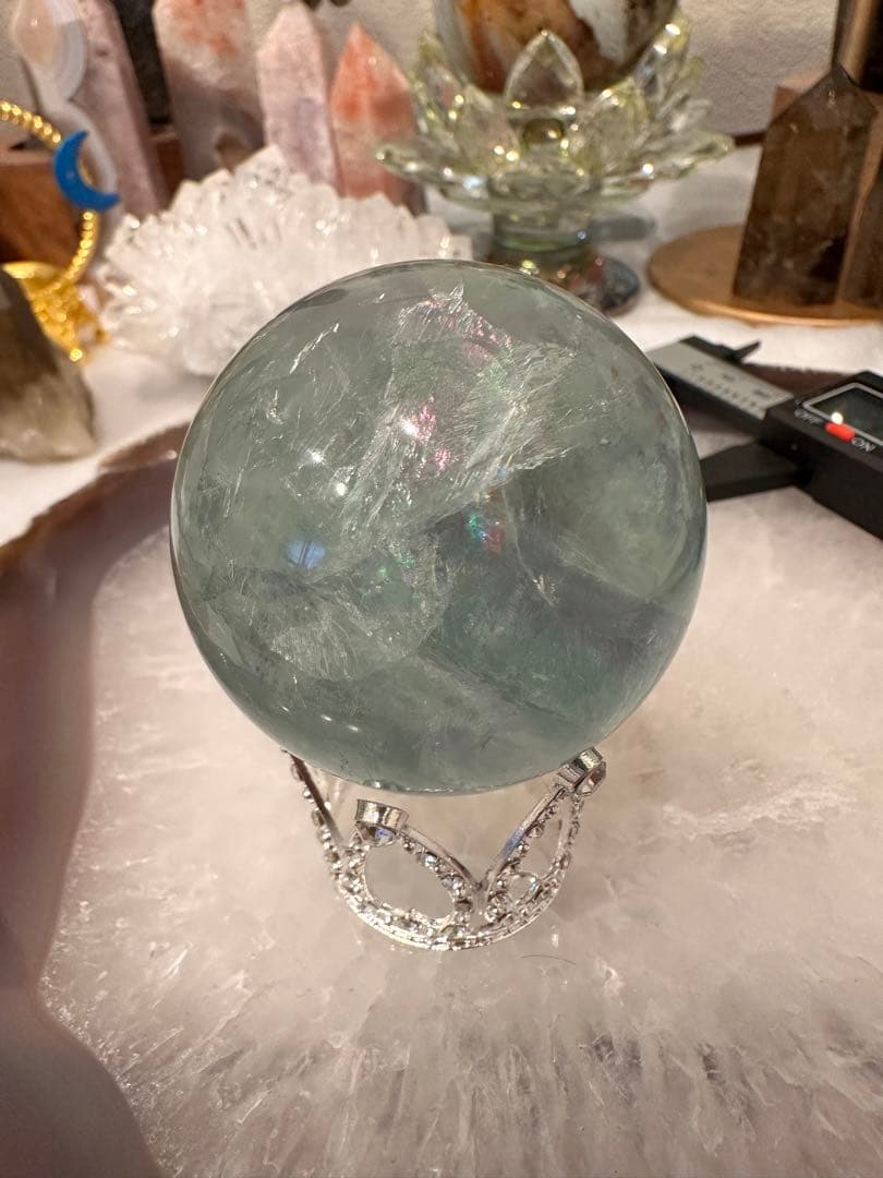 グリーンフローライトスフィア虹♡透明度♡台座セット♡♡