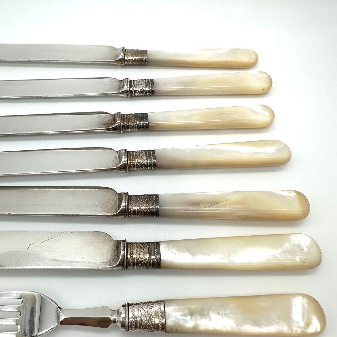 英国製/白蝶貝マザーオブパールフルーツナイフ&フォーク12本 鍵付木製箱