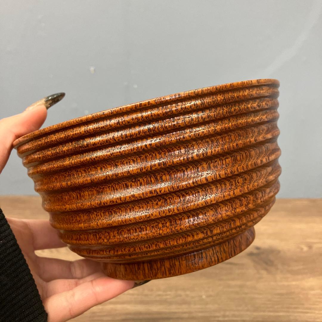 E-1 極美品 天然木 千筋挽き 汁椀 2客セット 箱付き 木製 食器