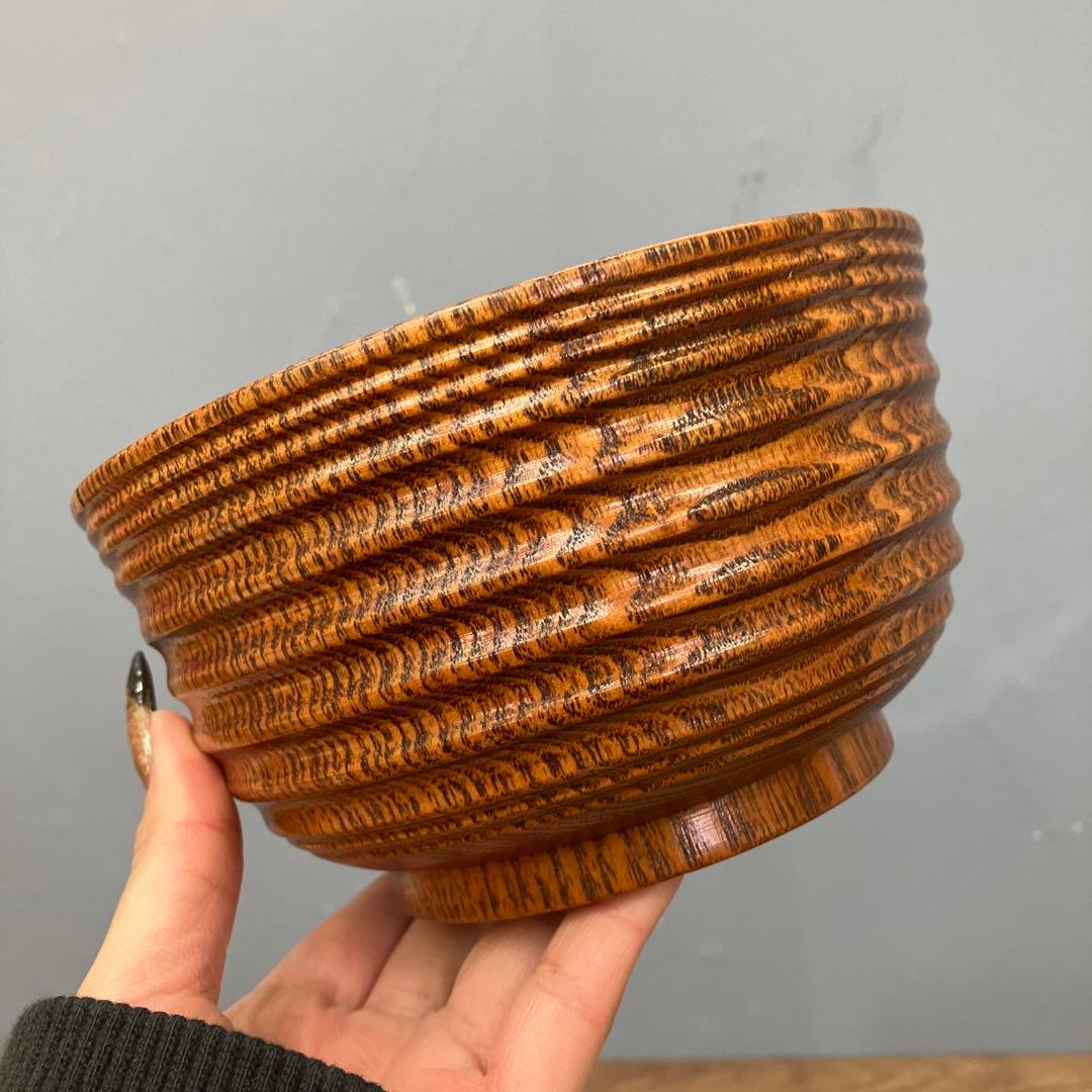 E-1 極美品 天然木 千筋挽き 汁椀 2客セット 箱付き 木製 食器