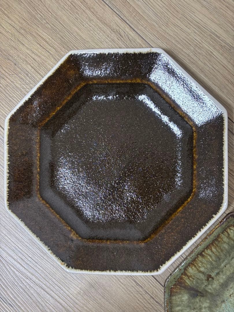 大沼道行 八角皿 Lサイズ 緑釉 黒釉 作家物 織部 ワンプレート