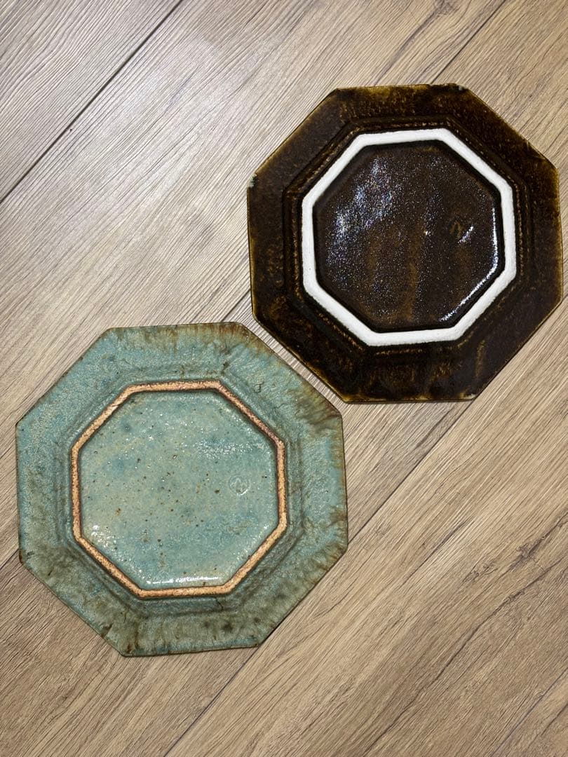 大沼道行 八角皿 Lサイズ 緑釉 黒釉 作家物 織部 ワンプレート